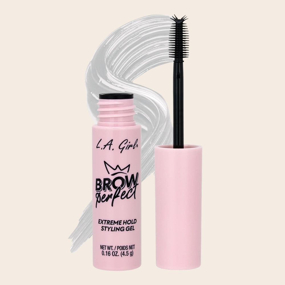 L.A. Girl Brow Perfect Extreme Hold Styling Gel Clear, 4.5 g tube with precision brow brush and clear gel swatch.