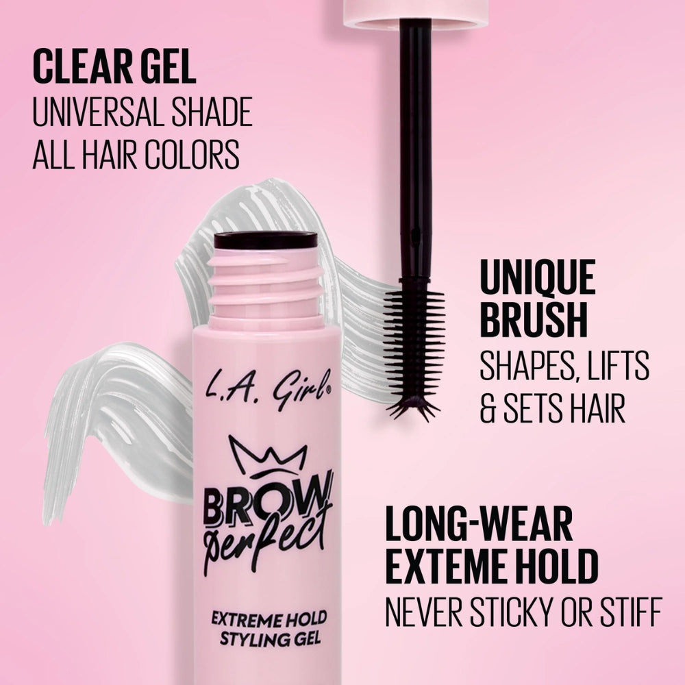 L.A. Girl Brow Perfect Extreme Hold Styling Gel infographic showing clear universal gel, shaping brush and long-wear extreme hold.