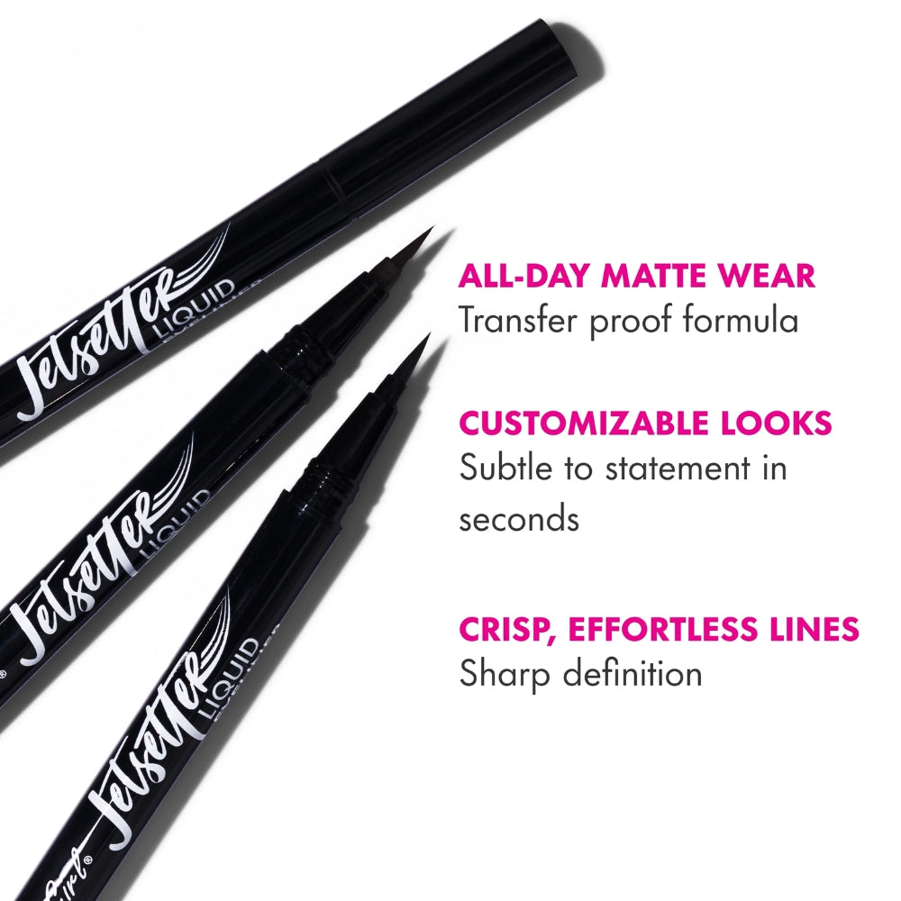 L.A. Girl Jetsetter Liquid Eyeliner infographic highlighting all-day matte wear, transfer-resistant formula and crisp, customisable lines.