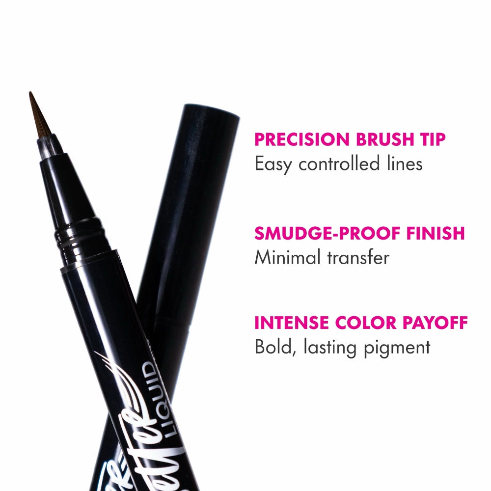 L.A. Girl Jetsetter Liquid Eyeliner infographic showing the precision brush tip, smudge-resistant finish and intense colour payoff.