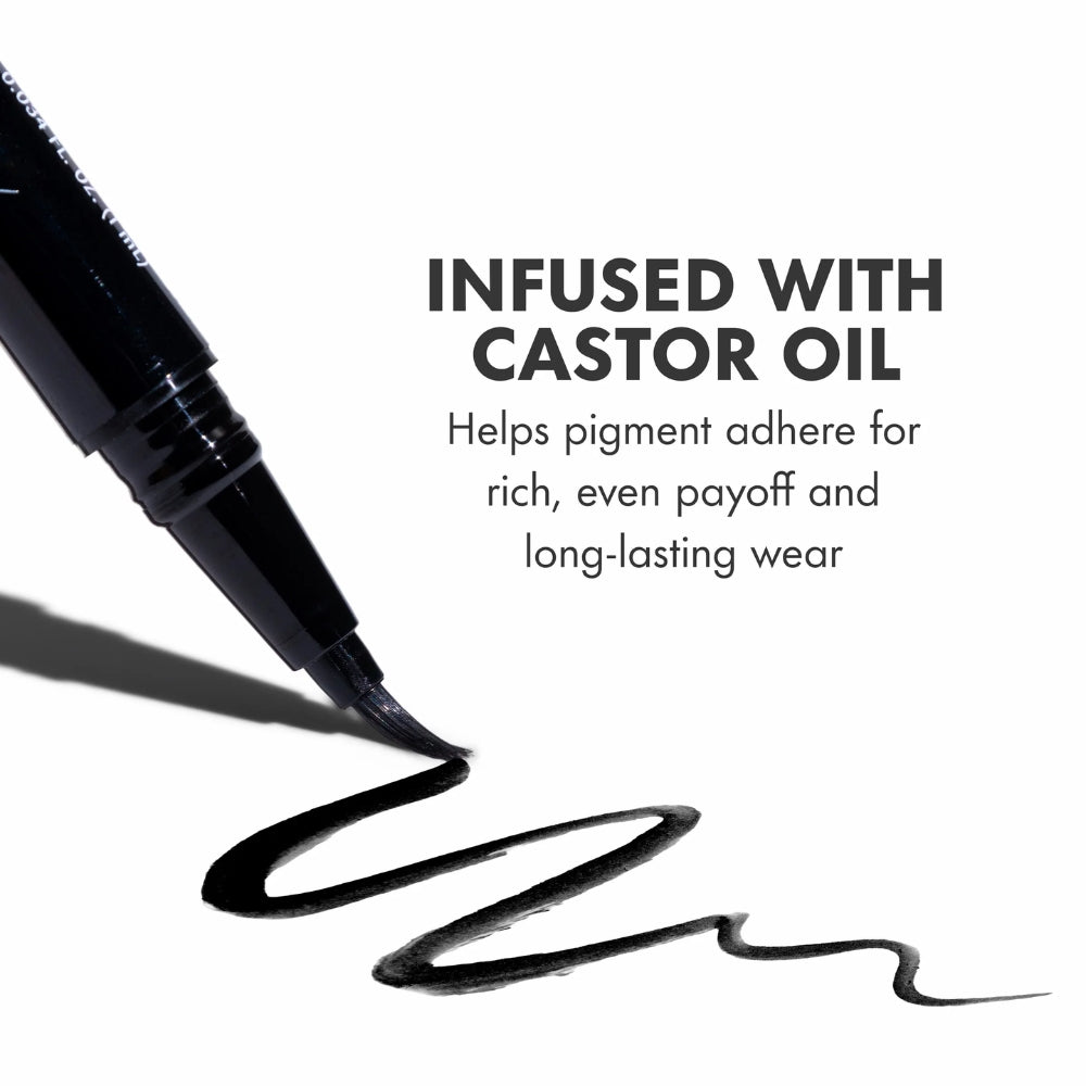 L.A. Girl Jetsetter Liquid Eyeliner infographic showing the brush tip and castor oil-infused formula for rich, even colour and lasting wear.