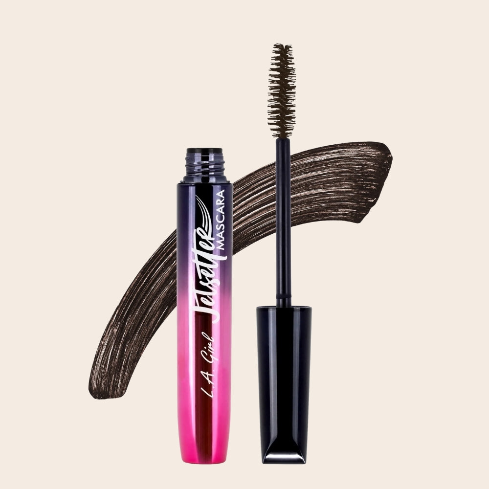 L.A. Girl Jetsetter Mascara in Dark Brown, shown open with mascara wand and a dark brown product swatch behind the tube.