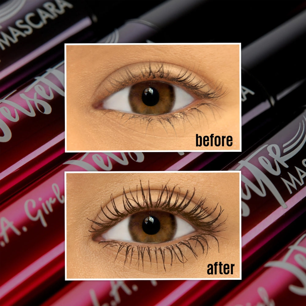 Before-and-after comparison showing lashes before and after application of L.A. Girl Jetsetter Mascara Dark Brown.