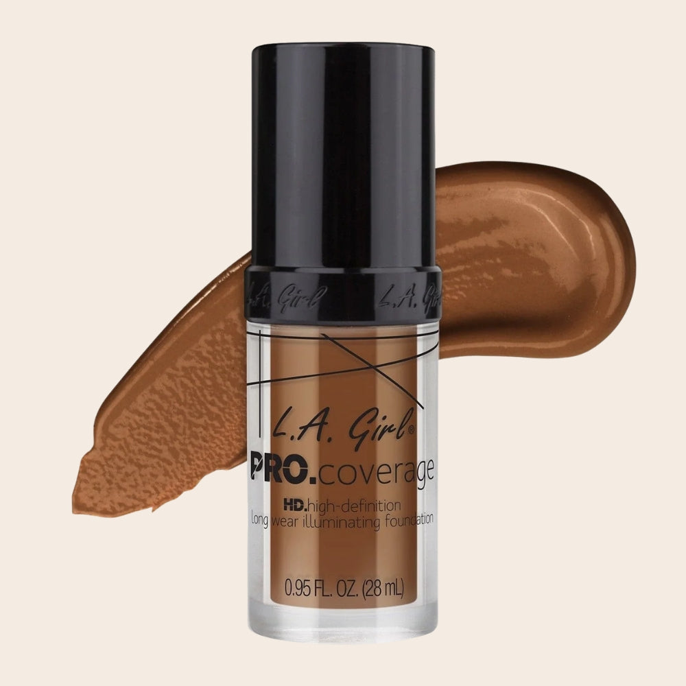L.A. Girl Pro Coverage HD Illuminating Foundation in Coffee, 28 ml bottle with black cap and matching rich brown foundation swatch.