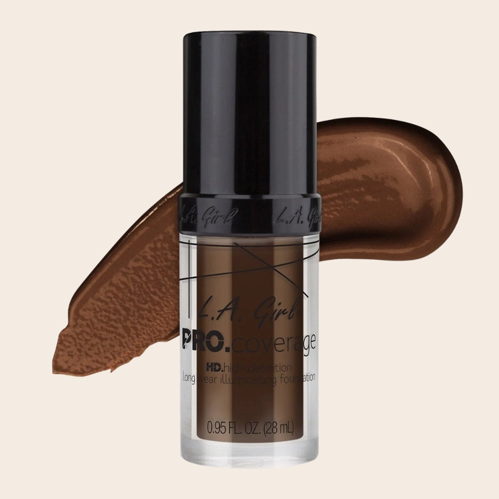 L.A. Girl Pro Coverage HD Illuminating Foundation in Dark Chocolate, 28 ml bottle with black cap and matching dark brown foundation swatch.