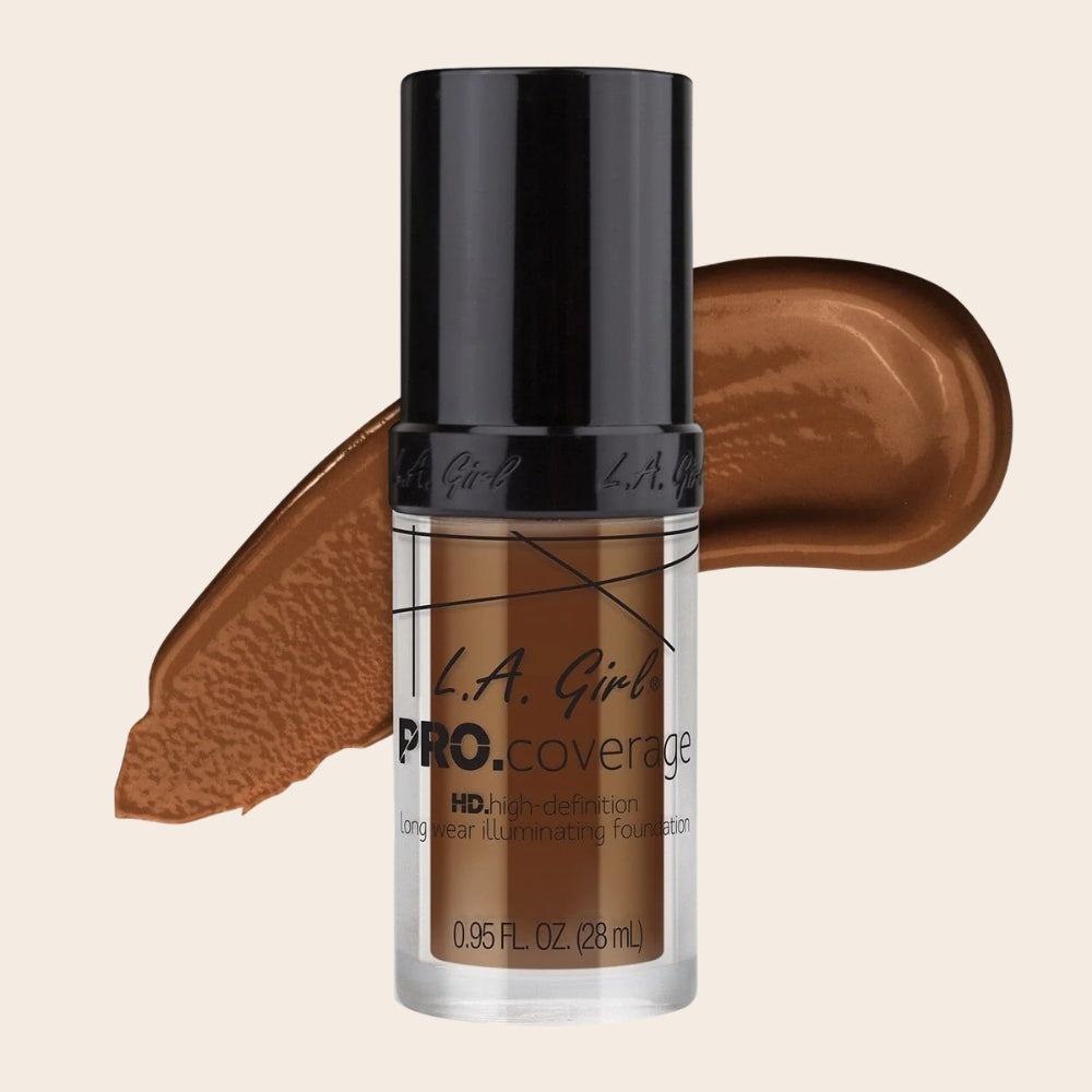 L.A. Girl Pro Coverage HD Illuminating Foundation in Rich Cocoa, 28 ml bottle with black cap and matching deep brown foundation swatch.