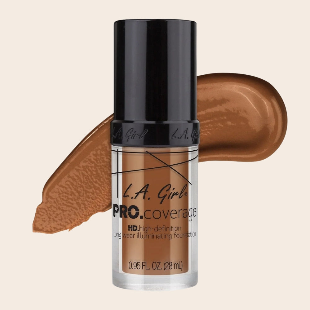 L.A. Girl Pro Coverage HD Illuminating Foundation in Toast, 28 ml bottle with black cap and matching deep tan foundation swatch.