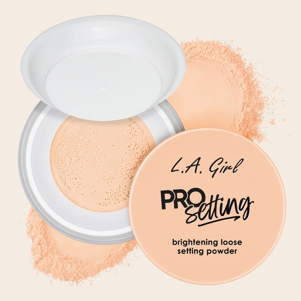 L.A. Girl Pro Setting Brightening Loose Setting Powder in Peach, shown open with mesh sifter and peach-toned loose powder.