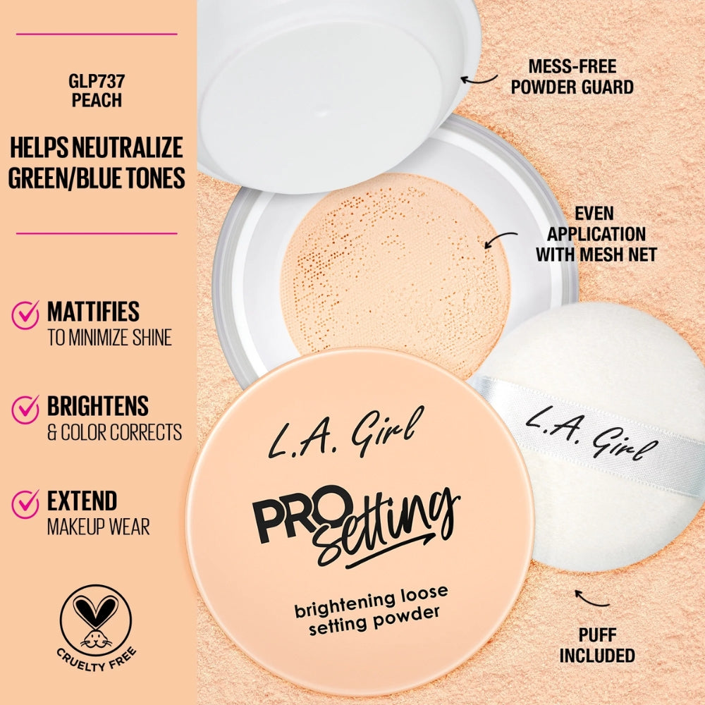 L.A. Girl Pro Setting Brightening Loose Setting Powder Peach GLP737 with mesh net, powder guard and puff; helps neutralise green and blue tones.