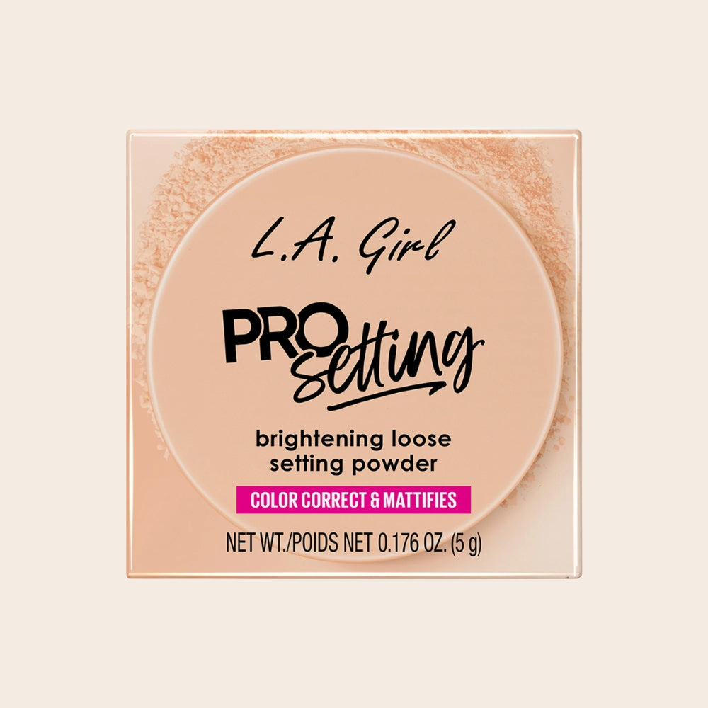 L.A. Girl Pro Setting Brightening Loose Setting Powder Peach in 5 g retail packaging, labelled colour correct and mattifies.
