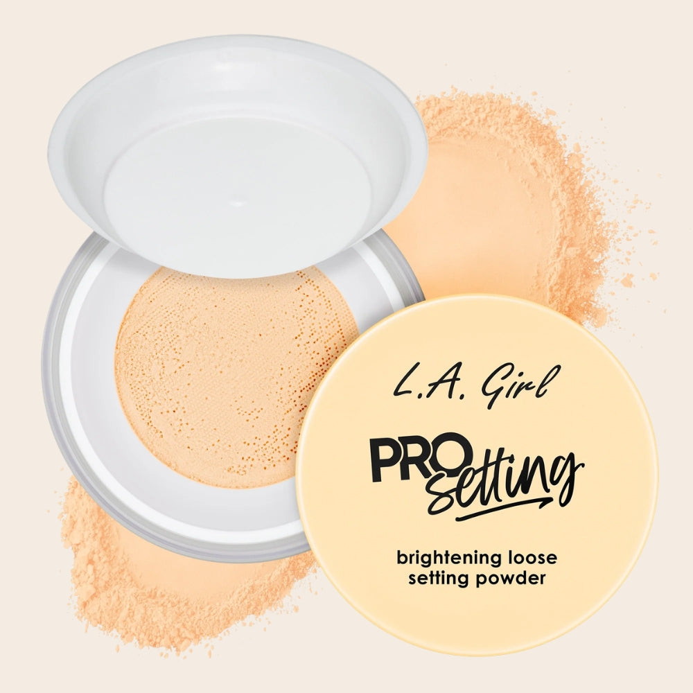 L.A. Girl Pro Setting Brightening Loose Setting Powder in Translucent, shown open with mesh sifter and loose powder.