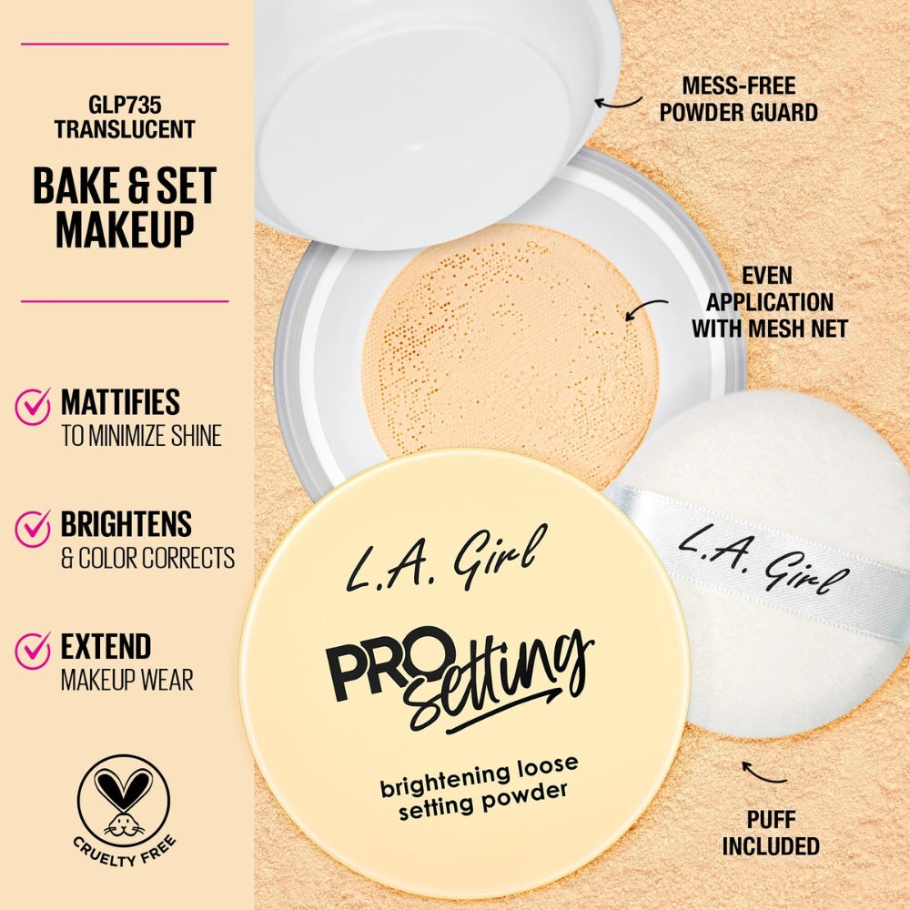 L.A. Girl Pro Setting Brightening Loose Setting Powder Translucent GLP735 with mesh net, powder guard and puff; mattifies, brightens and extends makeup wear.