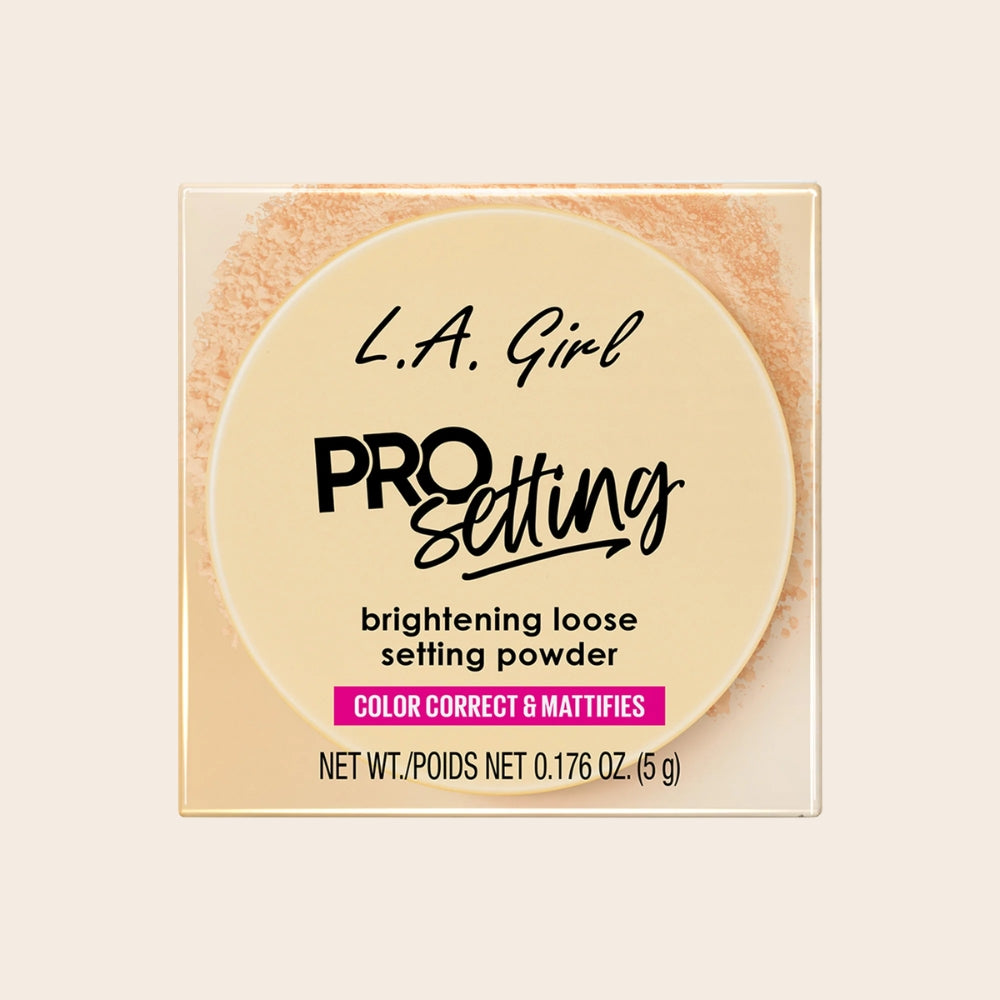 L.A. Girl Pro Setting Brightening Loose Setting Powder Translucent in 5 g retail packaging, labelled colour correct and mattifies.