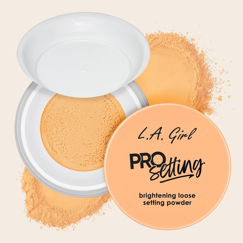 L.A. Girl Pro Setting Brightening Loose Setting Powder in Golden Yellow, shown open with mesh sifter and golden yellow loose powder.