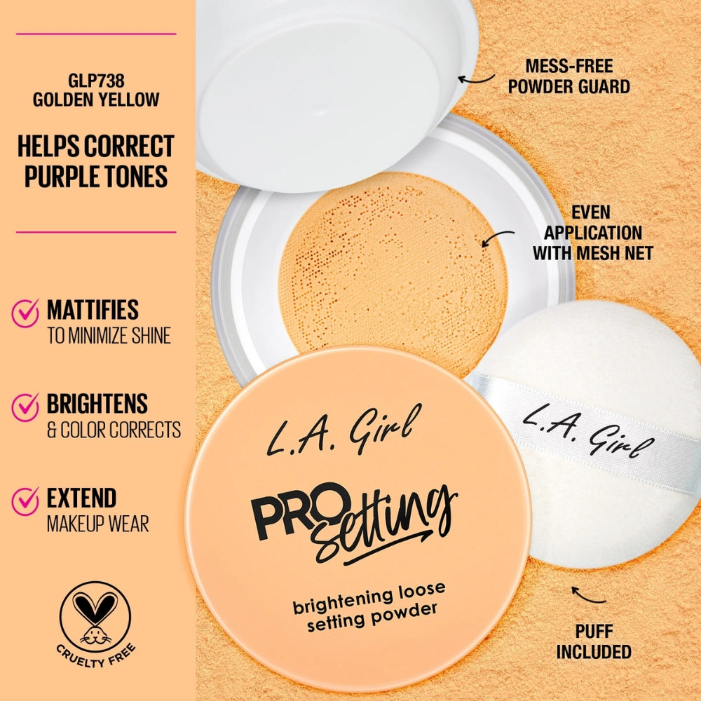 L.A. Girl Pro Setting Brightening Loose Setting Powder Golden Yellow GLP738 with mesh net, powder guard and puff; helps correct purple tones.