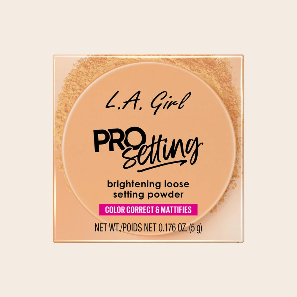 L.A. Girl Pro Setting Brightening Loose Setting Powder Golden Yellow in 5 g retail packaging, labelled colour correct and mattifies.